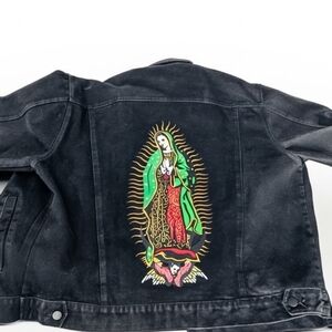 Forever 21 Virgin Mary Lady Guadalupe Black Denim Jacket Men's XL Unique Rare